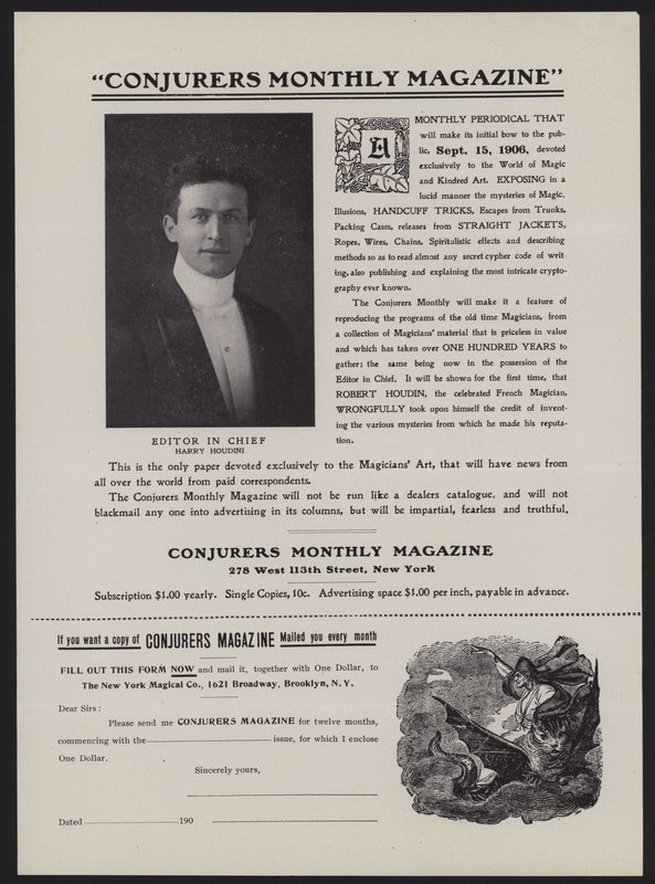 Formularz subskrypcji miesięcznika Conjurers, redaktor naczelny Harry Houdini (lito) autorstwa American School