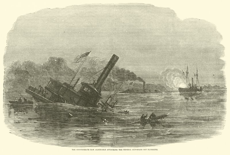 Konfederaci Ram Albemarle atakujący kanonierki federalne w pobliżu Plymouth, październik 1864 r autorstwa American School