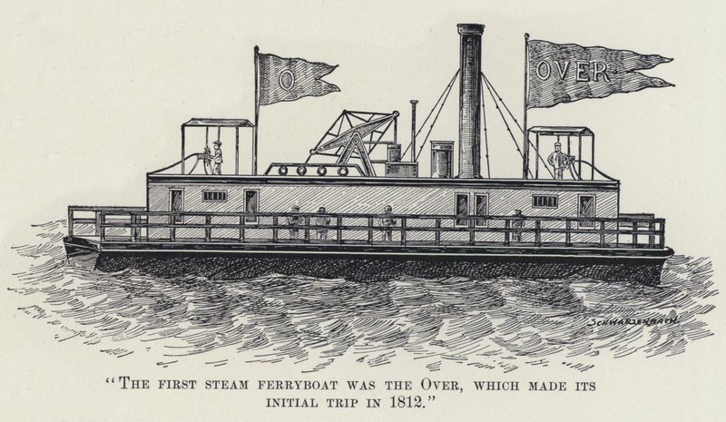 „Pierwszym promem parowym był Over, który odbył swoją pierwszą podróż w 1812 roku” (lito) autorstwa American School