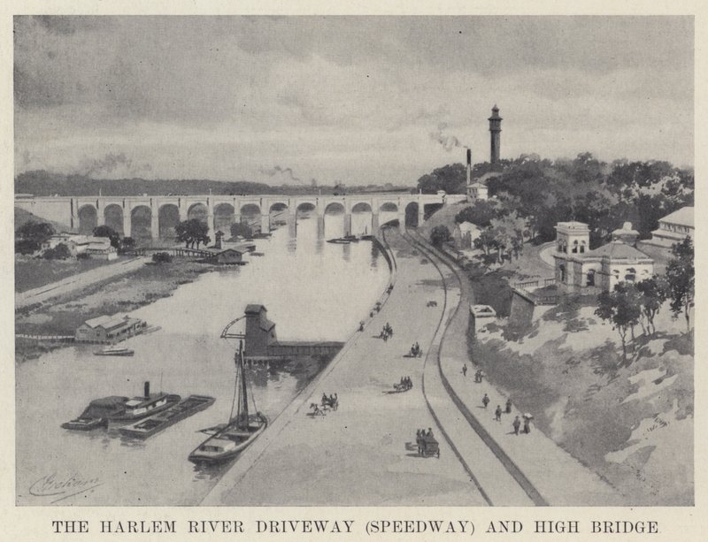 Podjazd nad rzeką Harlem (żużel) i wysoki most (zdjęcie czarno-białe) autorstwa American School