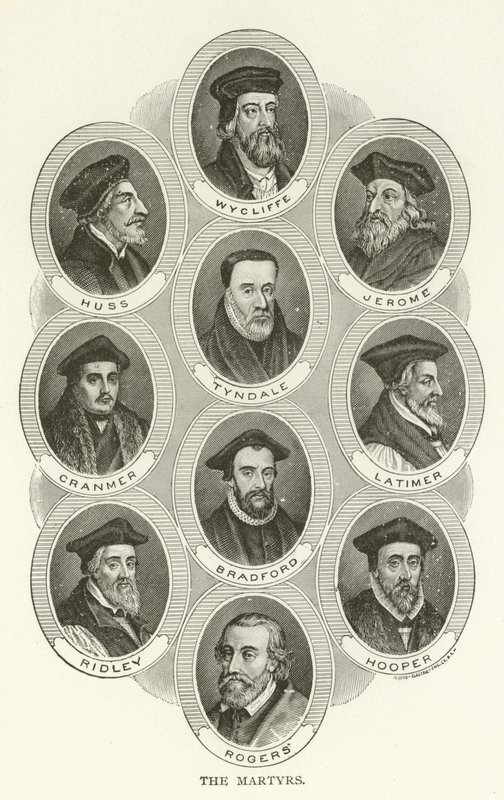 Męczennicy, Wycliffe, Huss, Jerome, Tyndale, Cranmer, Latimer, Bradford, Ridley, Hooper, Rogers autorstwa American School