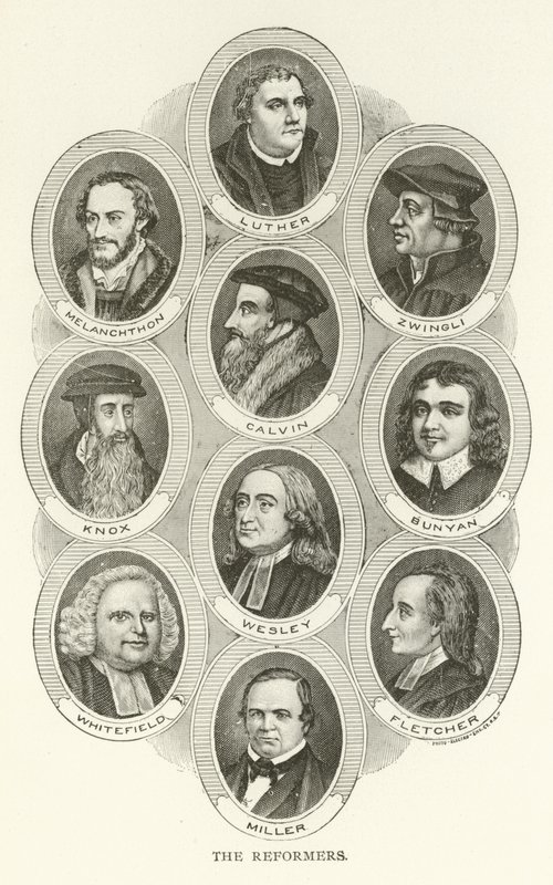 Reformatorzy, Luter, Melanchton, Zwingli, Calvin, Knox, Bunyan, Wesley, Whitefield, Fletcher, Miller autorstwa American School