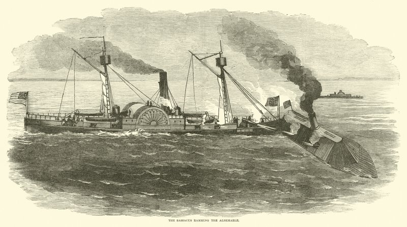Sassacus taranujący Albemarle, październik 1864 r. autorstwa American School