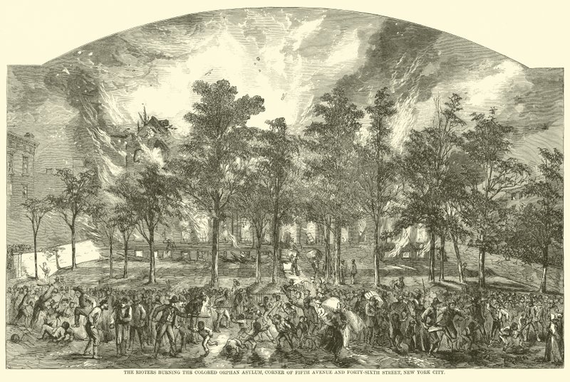 Buntownicy palący kolorowy azyl dla sierot, róg Piątej Alei i Czterdziestej Szóstej Ulicy, Nowy Jork, lipiec 1863 autorstwa American School