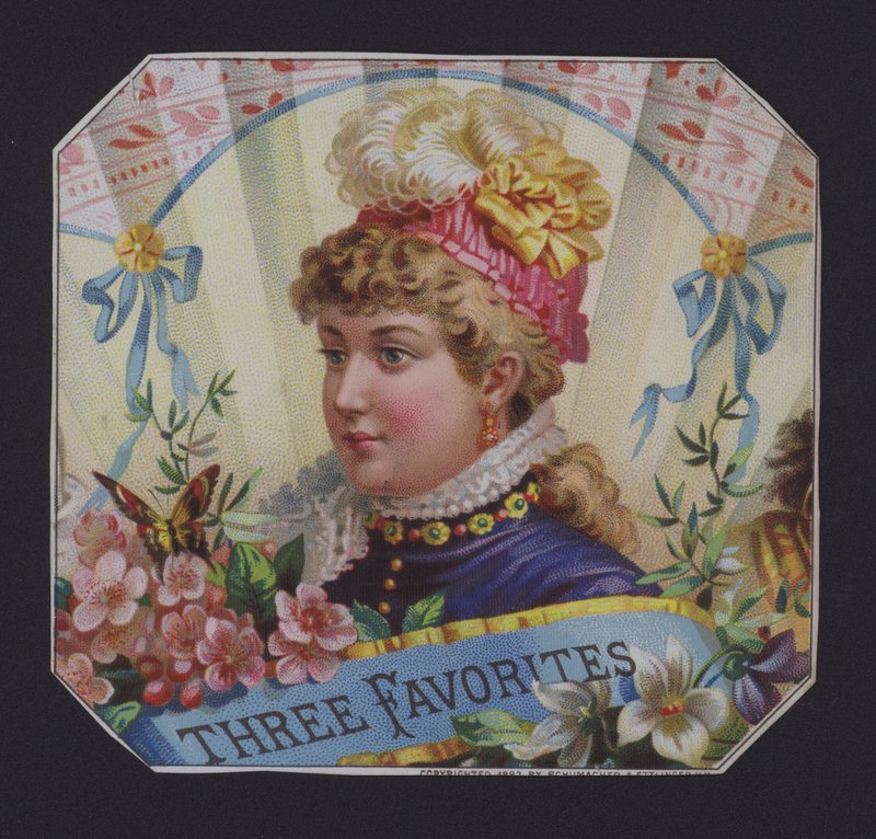 Trzy ulubione, etykieta cygara (chromolitho) autorstwa American School
