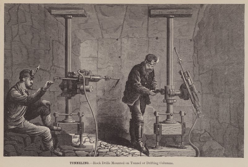 Tunelowanie, wiertła do skał montowane na tunelu lub dryfujących kolumnach (grawerowanie) autorstwa American School