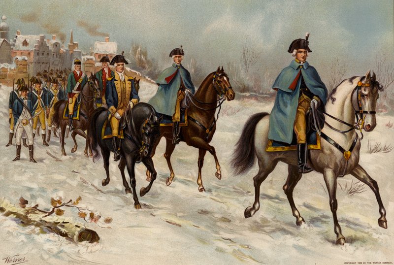 Armia amerykańska, dowódca naczelny, oficer sztabowy, pułkownik i szeregowiec pierwszej piechoty kontynentalnej z Rhode Island autorstwa American School