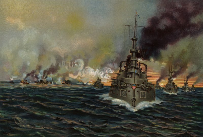 US Navy, bitwa morska pod Santiago, 3 lipca 1898 (kolor lito) autorstwa American School