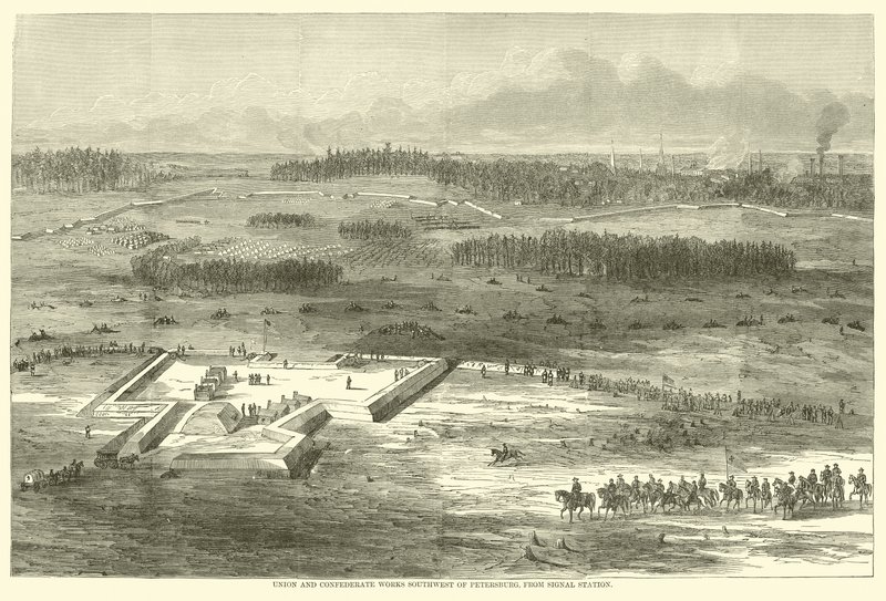 Prace Unii i Konfederacji na południowy zachód od Petersburga, ze stacji sygnalizacyjnej, marzec 1865 autorstwa American School