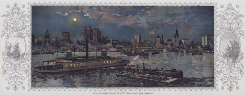 Widok wyspy Manhattan nocą z promu w Jersey City (kolorowa litografia) autorstwa American School