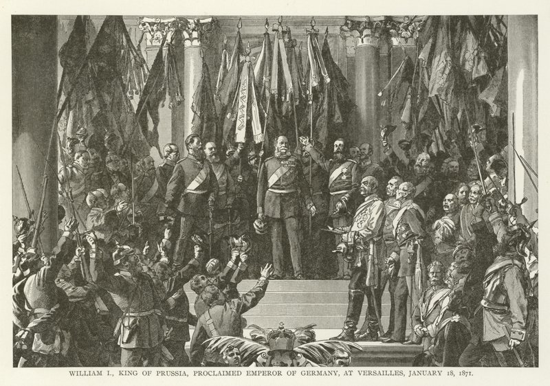 Wilhelm I, król pruski, ogłoszony cesarzem Niemiec, w Wersalu, 18 stycznia 1871 r autorstwa American School