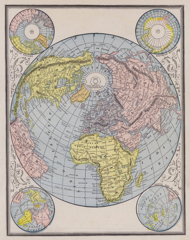 Mapa świata przedstawiająca kontynenty, regiony polarne i zmiany poziomu mórz (kolorowy grawerunek) autorstwa American School