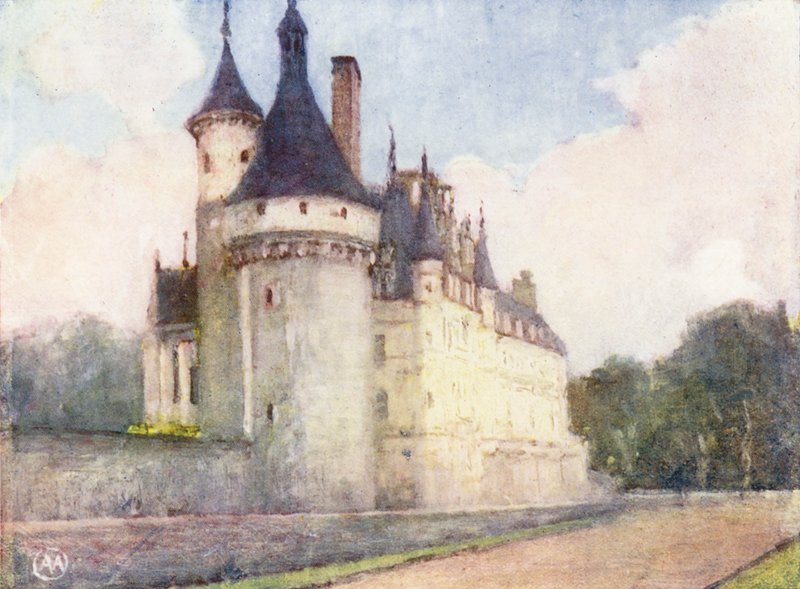 Chenonceaux z ogrodu (kolorowa litografia) autorstwa Amy B. Atkinson