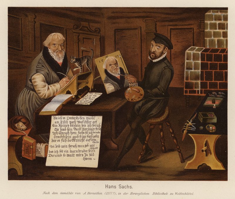 Hans Sachs, niemiecki śpiewak, poeta i dramaturg (kolorowa litografia) autorstwa Andreas Herneisen