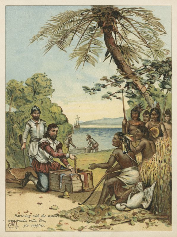 Kolumb handlujący z rdzennymi Amerykanami o zaopatrzenie (chromolitho) autorstwa Andrew Melrose