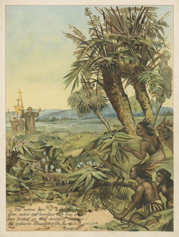 Tubylcy Nowego Świata przyglądający się nowo przybyłym Hiszpanom (chromolitho) autorstwa Andrew Melrose