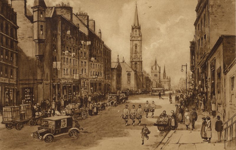 Edynburg: High Street, patrząc w kierunku kościoła Tron i katedry St Giles (lito) autorstwa Andrew Allan