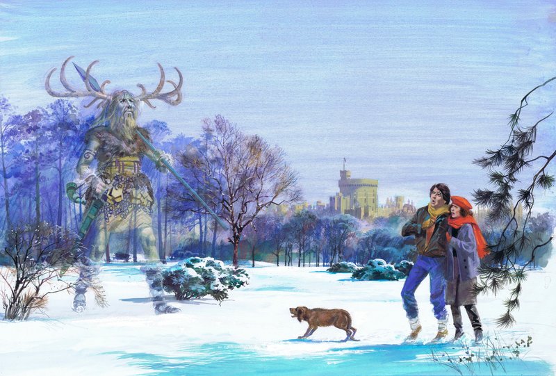 Herne Łowca pojawiający się w Windsor Great Park (gwasz na papierze) autorstwa Andrew Howat