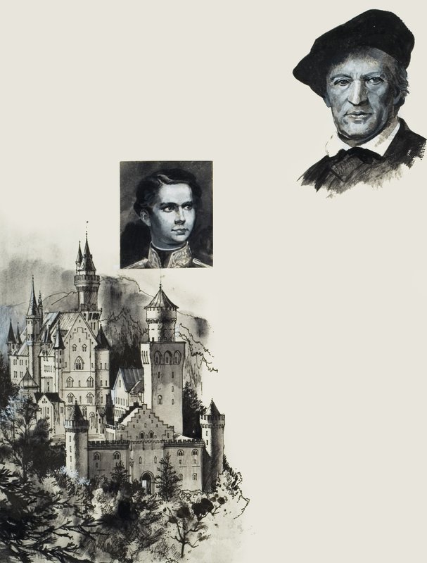 Ludwik II Bawarski i jego zamek w Neuschwanstein (gwasz na papierze) autorstwa Andrew Howat