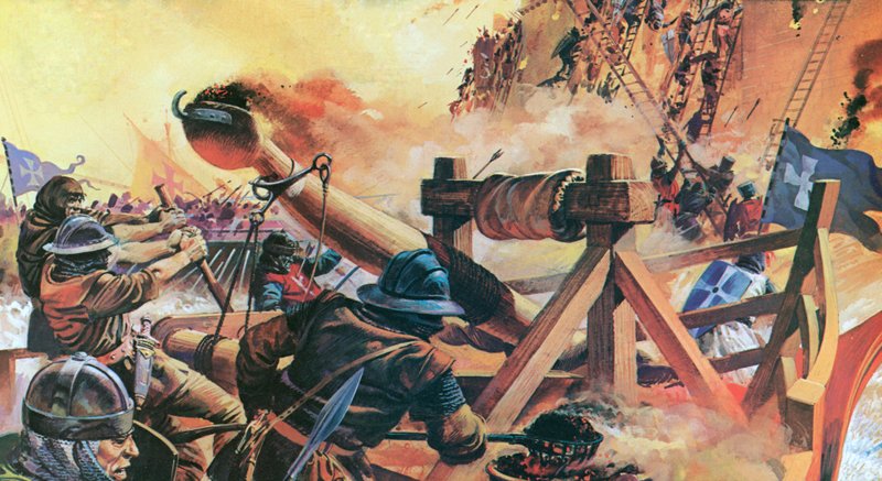 Chrześcijanie oblegający Konstantynopol w 1203 r. (kolorowa litografia) autorstwa Andrew Howat