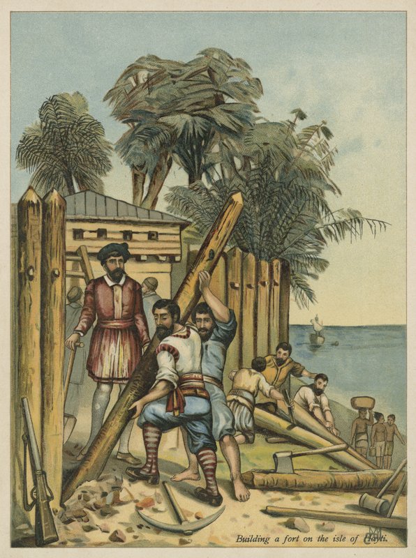 Kolumb budujący fort na Haiti (chromolitho) autorstwa Andrew Melrose