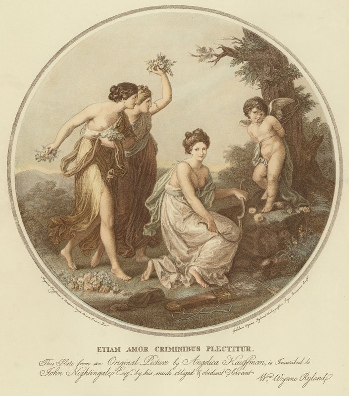 Dwie nimfy udają amorka przywiązanego do drzewa (kolor lito) autorstwa Angelica (after) Kauffmann