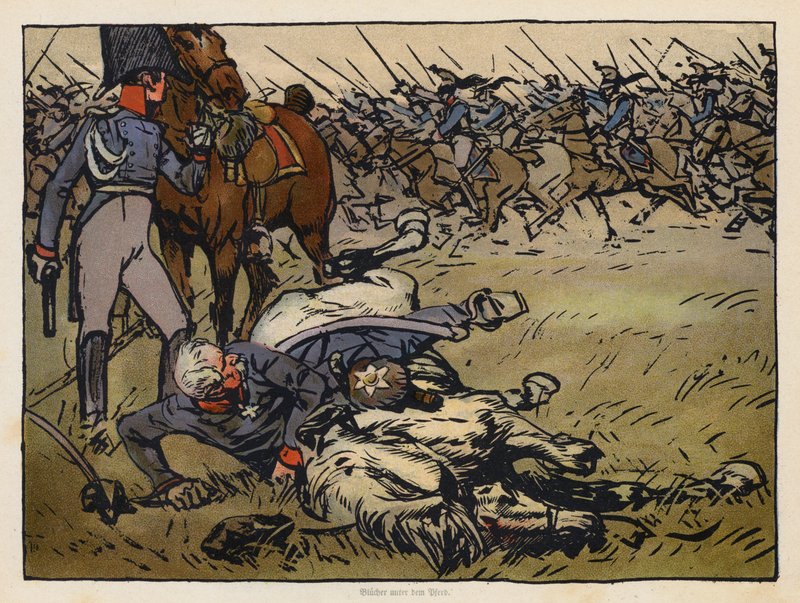 Feldmarszałek Blucher uwięziony pod martwym koniem w bitwie pod Ligny (chromolitografia) autorstwa Angelo Jank