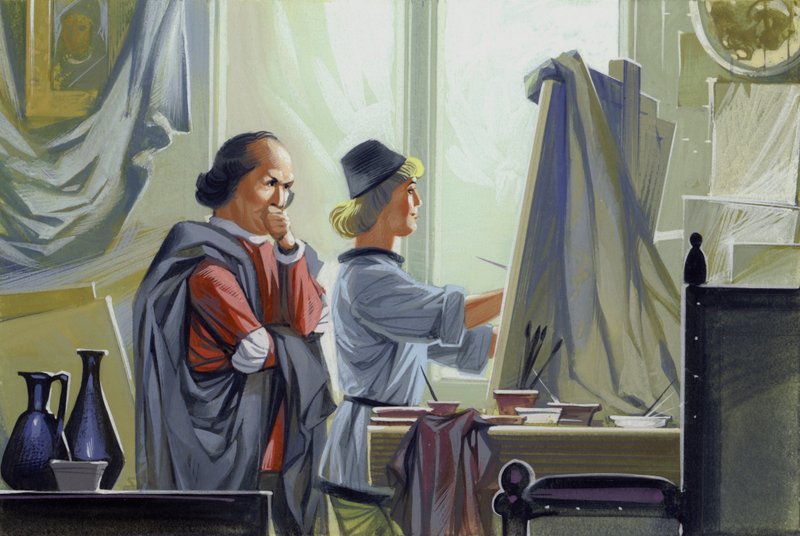 Młody Leonardo Da Vinci asystujący swojemu mistrzowi Verrocchio przy Chrzcie Chrystusa (gwasz na papierze) autorstwa Angus McBride
