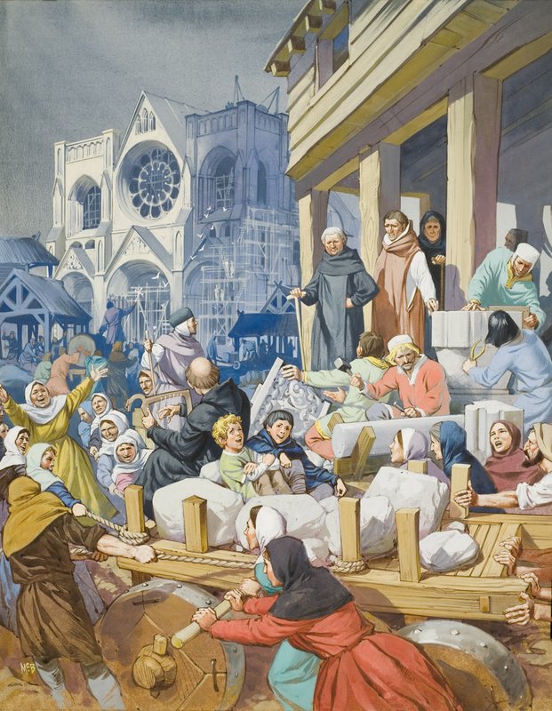 Opat Suger (ok. 1081-1151) i budynek opactwa St Denis (gwasz na papierze) autorstwa Angus McBride