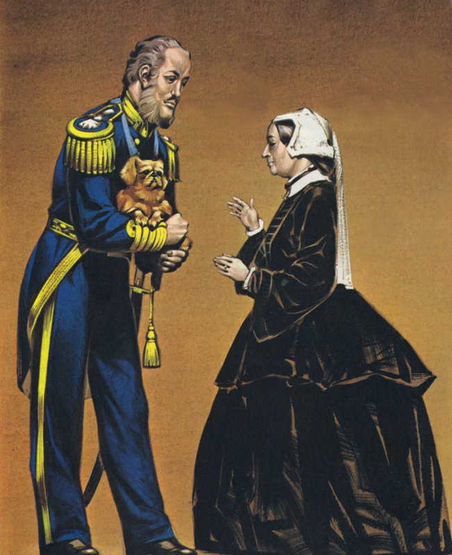 Admirał Lord Hay z pierwszym psem pekińskim przywiezionym do Anglii (kolorowa litografia) autorstwa Angus McBride
