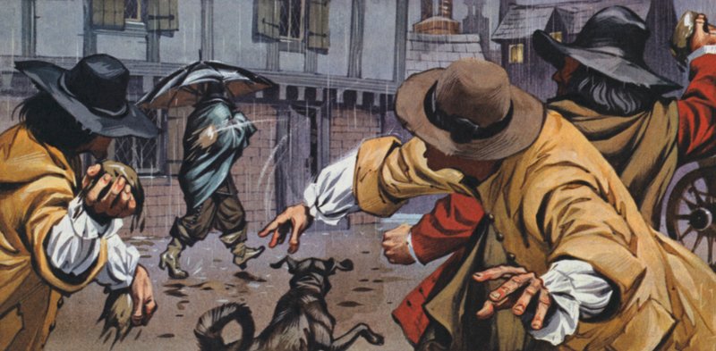 Wściekli woźnice rzucają ziemią w mężczyzn z parasolami (kolorowa litografia) autorstwa Angus McBride
