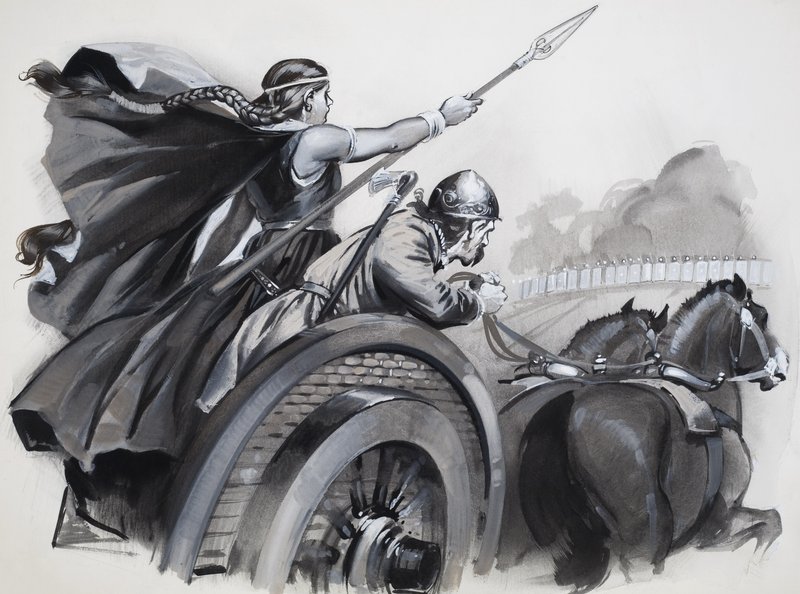 Boadicea podsycająca wściekłość Brytyjczyków przeciwko ich rzymskim władcom (gwasz na papierze) autorstwa Angus McBride