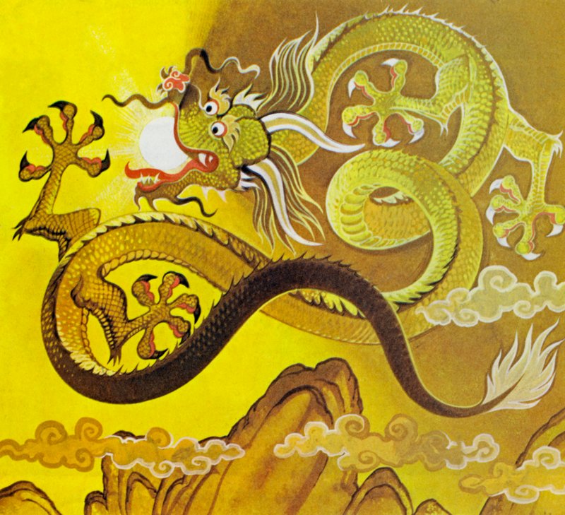 Chińskie smoki (kolorowa litografia) autorstwa Angus McBride