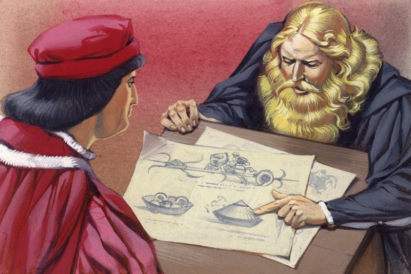 Leonardo Da Vinci wyjaśniający Ludovico Sforzy możliwe silniki wojenne (gwasz na papierze) autorstwa Angus McBride