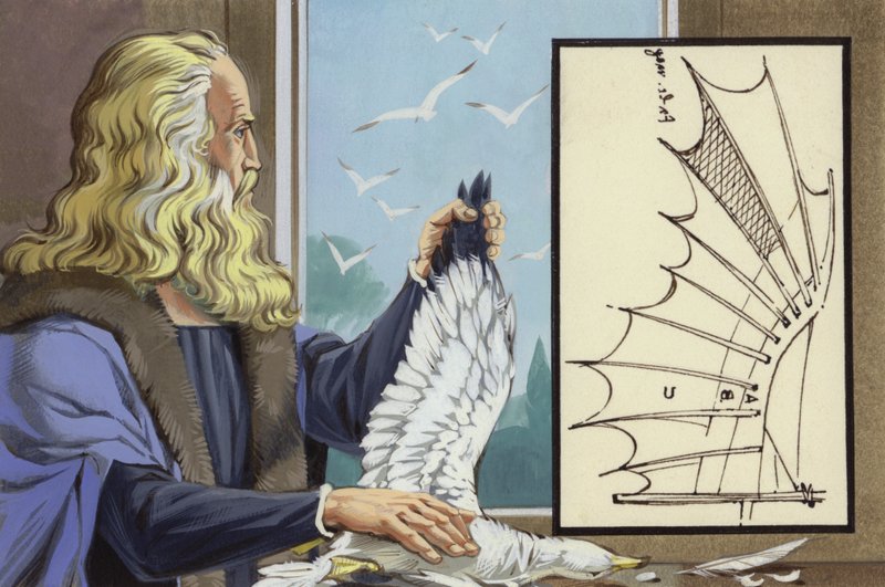 Leonardo Da Vinci badający ptaki w celu odkrycia, jak człowiek może latać (gwasz na papierze) autorstwa Angus McBride
