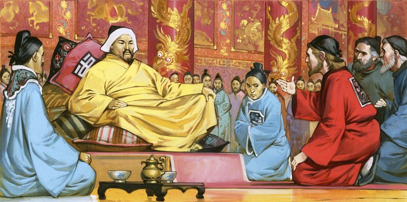 Marco Polo na dworze Kubilaj-chana, XX wiek (gwasz na papierze) autorstwa Angus McBride