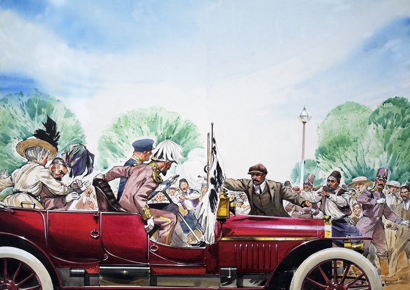 Wybuch pierwszej wojny światowej, ilustracja z książki "Wielkie wydarzenia w historii świata" (gwasz na papierze) autorstwa Angus McBride