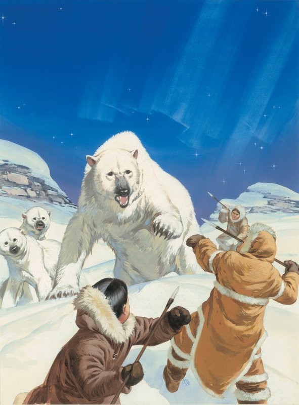 Niedźwiedzie polarne i Eskimosi (gwasz na papierze) autorstwa Angus McBride