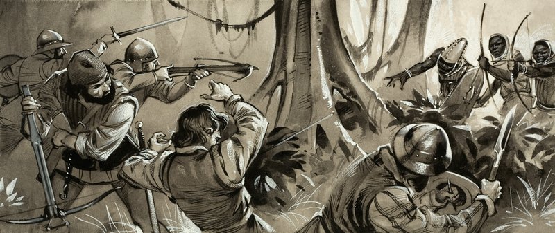 Portugalscy żeglarze zaatakowani przez wrogie plemiona w Afryce Północnej (gwasz na papierze) autorstwa Angus McBride
