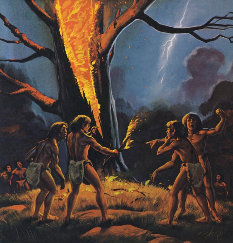 Prehistoryczny człowiek i ogień (kolorowa litografia) autorstwa Angus McBride