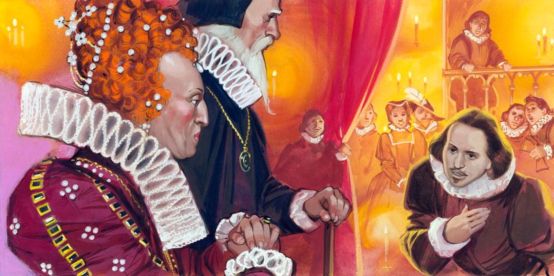 Szekspir przedstawiony królowej Elżbiecie I autorstwa Angus McBride