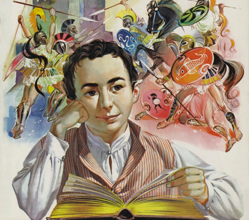 Młody Heinrich Schliemann śniący o zaginionej Troi (kolorowa litografia) autorstwa Angus McBride