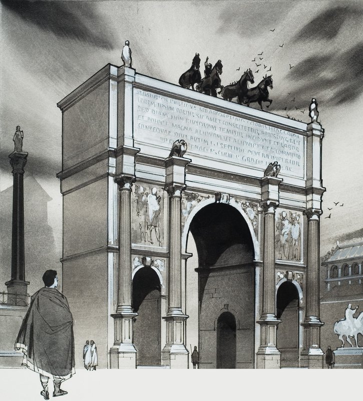 Łuk triumfalny cesarza Lucjusza Septymiusza Sewera, Rzym (gwasz na papierze) autorstwa Angus McBride