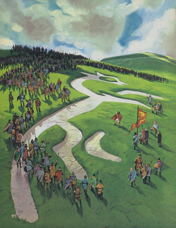Uffington White Horse, zbudowany przez Alfreda Wielkiego po bitwie pod Ashdown przeciwko Duńczykom (kolorowa litografia) autorstwa Angus McBride