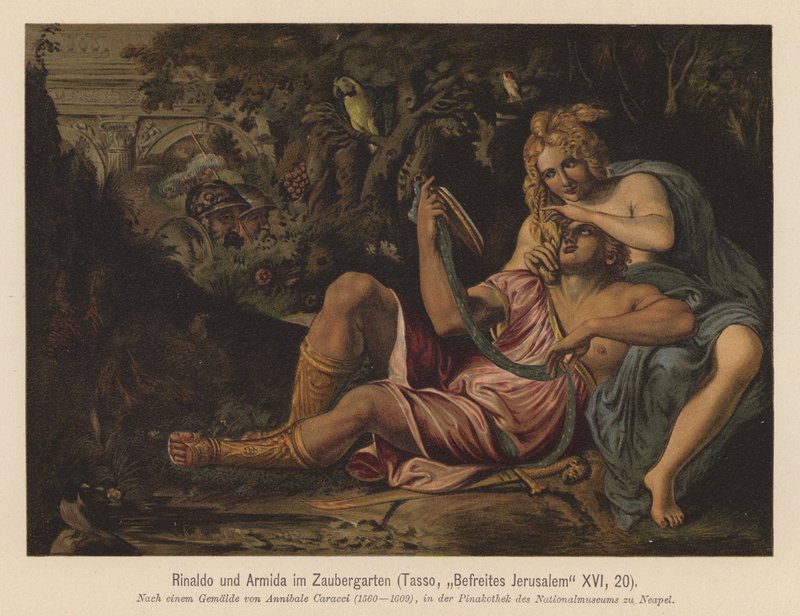Scena z Gerusalemme liberata, autor: Torquato Tasso (kolorowa litografia) autorstwa Annibale (after) Carracci