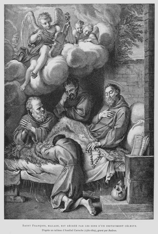 Św. Franciszek z Asyżu chory zostaje uzdrowiony dźwiękiem instrumentu niebieskiego (lito) autorstwa Annibale (after) Carracci
