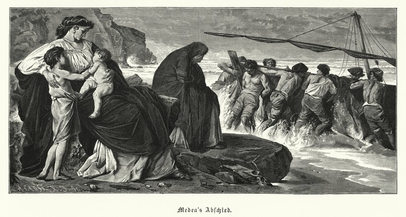 Pożegnanie Medei: scena ze starożytnej greckiej tragedii Eurypidesa Medea, oparta na legendzie o Medei i Jazonie (rycina) autorstwa Anselm Feuerbach