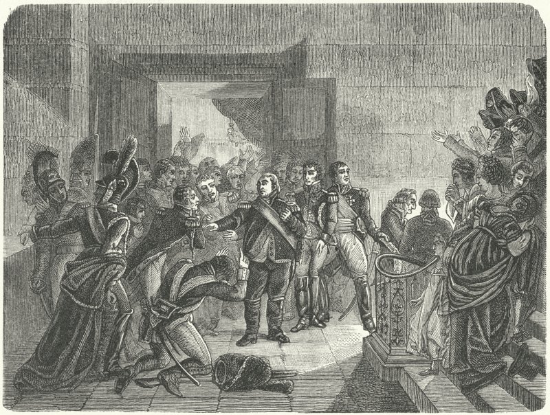 Ludwik XVIII opuszcza Pałac Tuileries po tym, jak dowiedział się z Elba o powrocie Napoleona do Francji autorstwa Antoine Jean (after) Gros