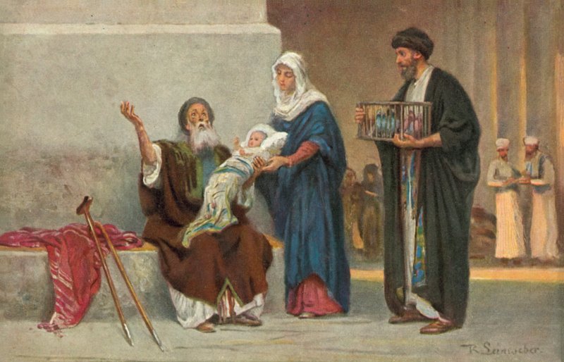 Maryja i Józef przedstawiający Symeonowi Dzieciątko Jezus (kolorowa litografia) autorstwa Anton Robert Leinweber