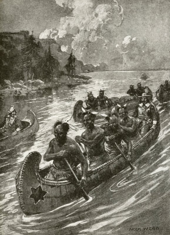 Samuel De Champlain w 1608 r. wspinał się po rzece Świętego Wawrzyńca w kajakach przyjaznych rdzennych Indian amerykańskich (lito) autorstwa Archibald Bertram (after) Webb
